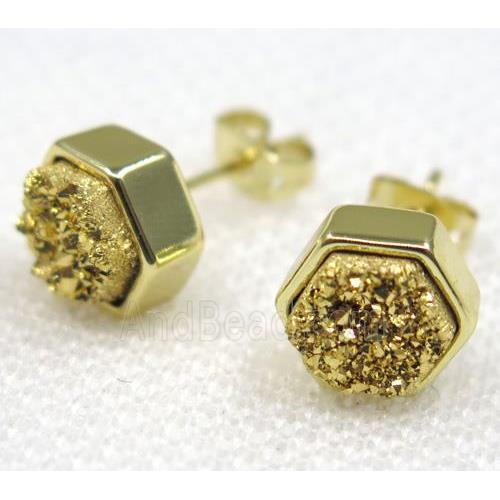 golden druzy quartz earring studs, hexagon