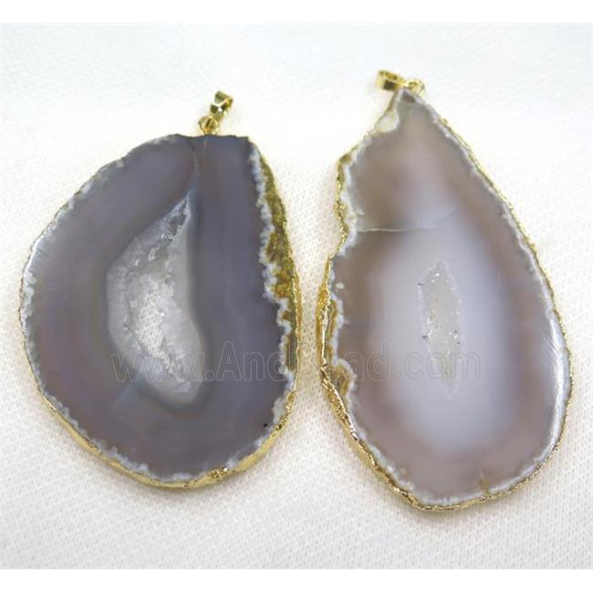 gray agate druzy slice pendant, geode, freeform, gold plated