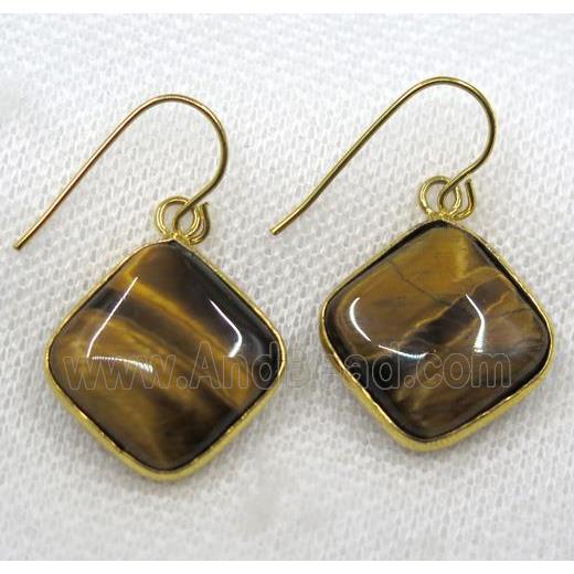 yellow Tiger eye stone earring, square, gold plated