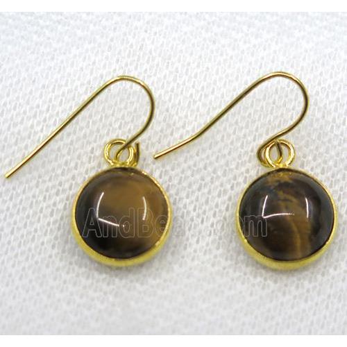 yellow Tiger eye stone earring, flat round, gold plated