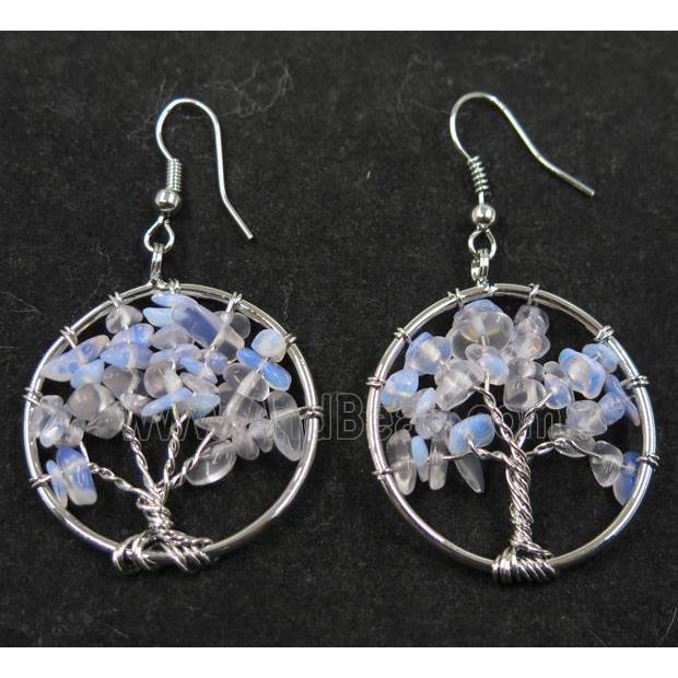 white opalite earring, tree of life, platinum