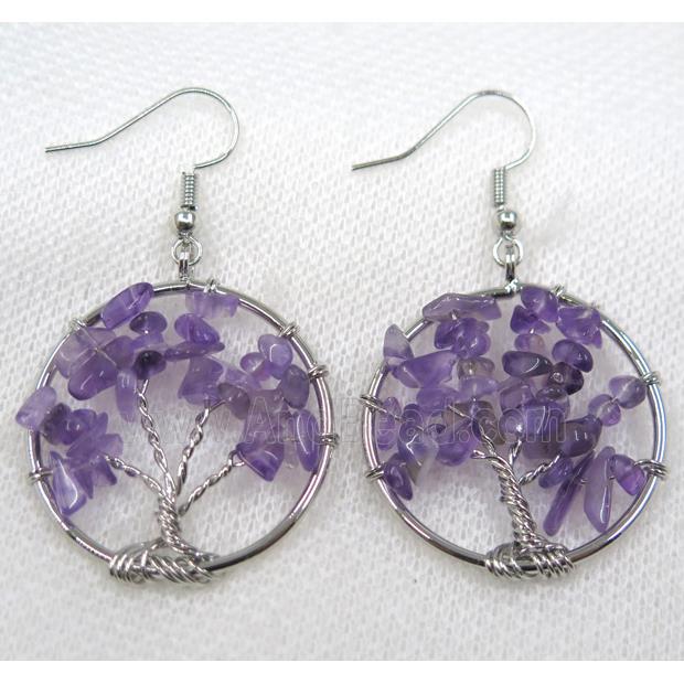 Tree of life earring with purple Amethyst chips, platinum