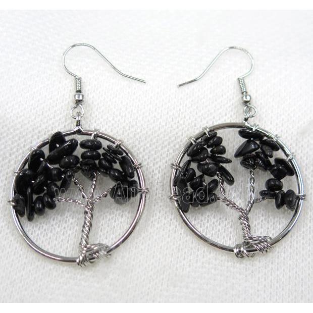 tree of life earring with black agate chip bead, platinum
