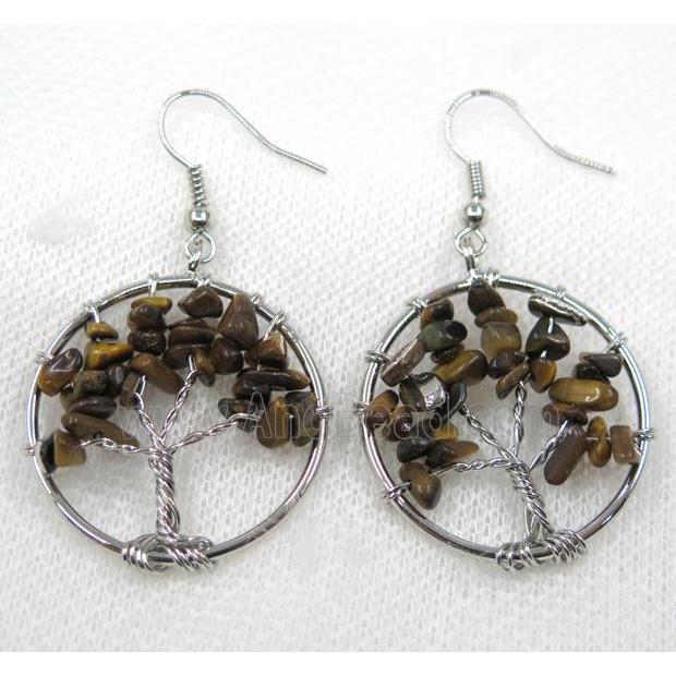 tree of life earring with yellow tiger eye stone chip, platinum