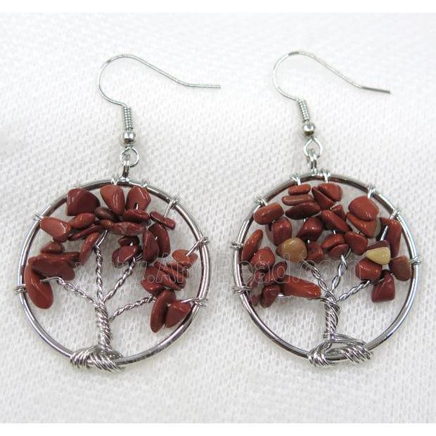 Tree of life earring with red jasper bead chips, platinum