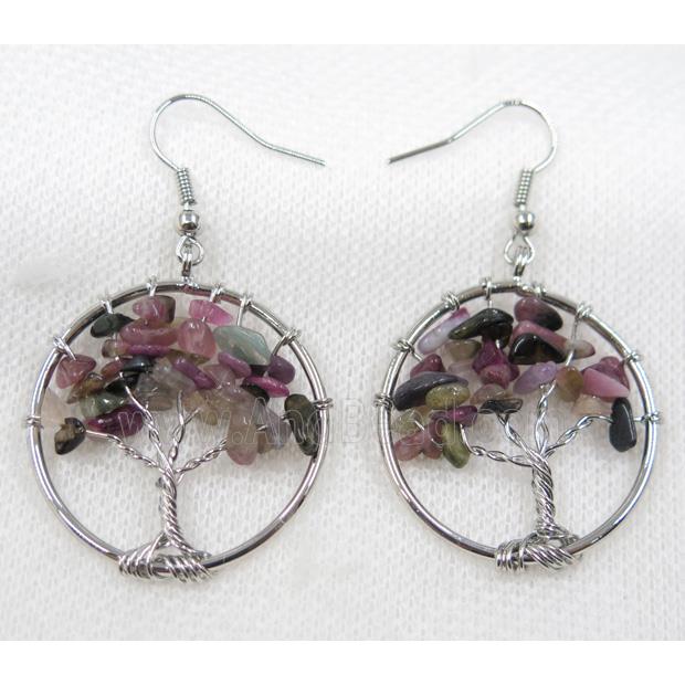 tree of life earring with tourmaline bead chip, platinum