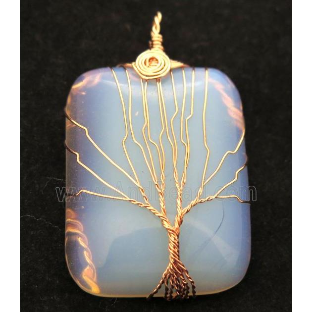 White Opalite Rectangle Pendant Tree Of Life Wire Wrapped Rose Gold