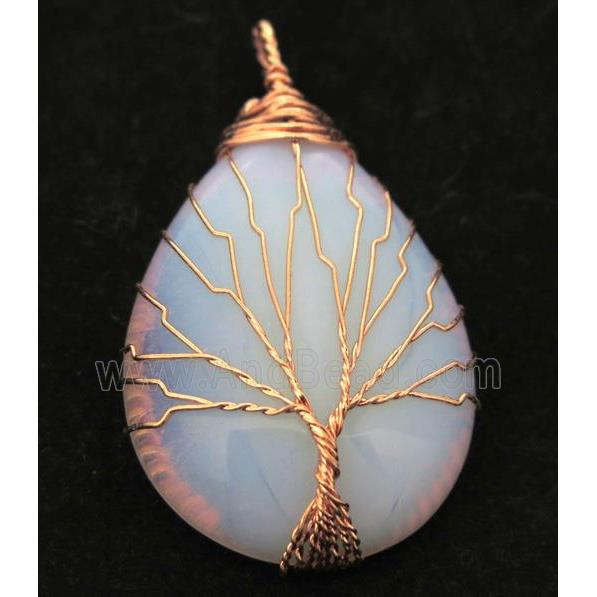White Opalite Teardrop Pendant Tree Of Life Wire Wrapped Rose Gold