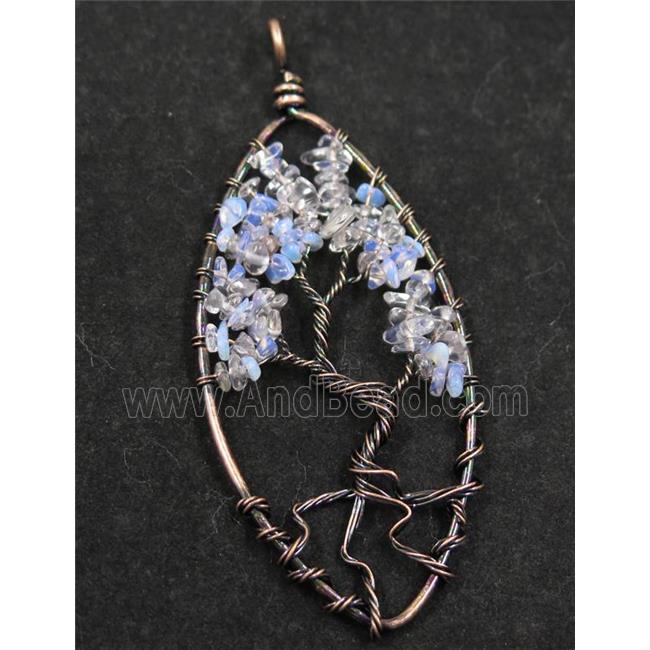 White Opalite Chips Pendant Tree Of Life Wire Wrapped Oval Antique Red