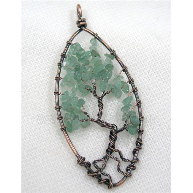 Green Aventurine Chips Pendant Tree Of Life Wire Wrapped Oval Antique Red