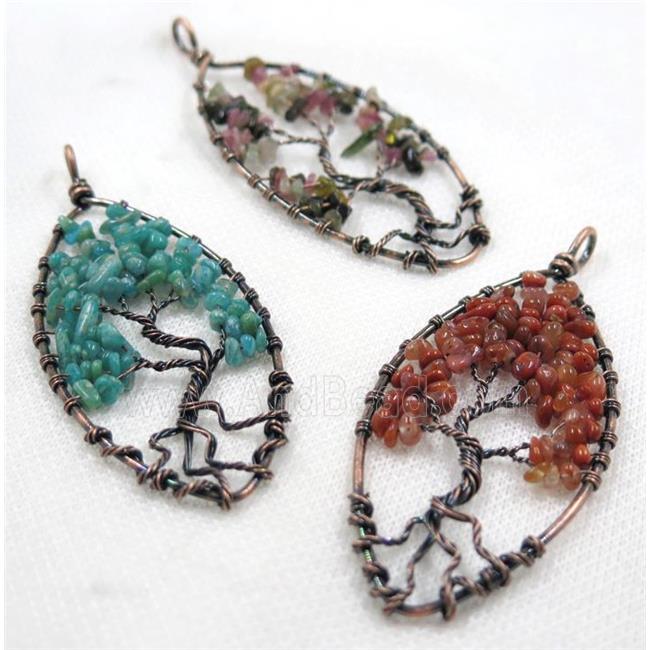 Gemstone Chips Pendant Tree Of Life Wire Wrapped Oval Antique Red Mixed