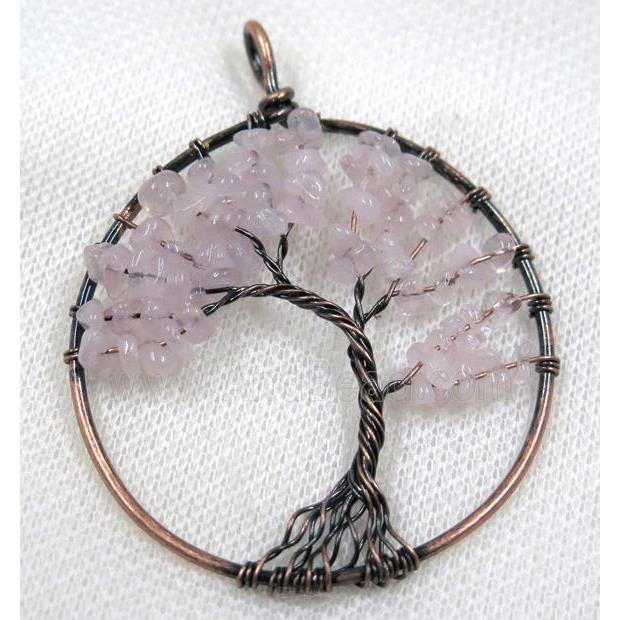 Pink Rose Quartz Chips Pendant Tree Of Life Wire Wrapped Circle Antique Red