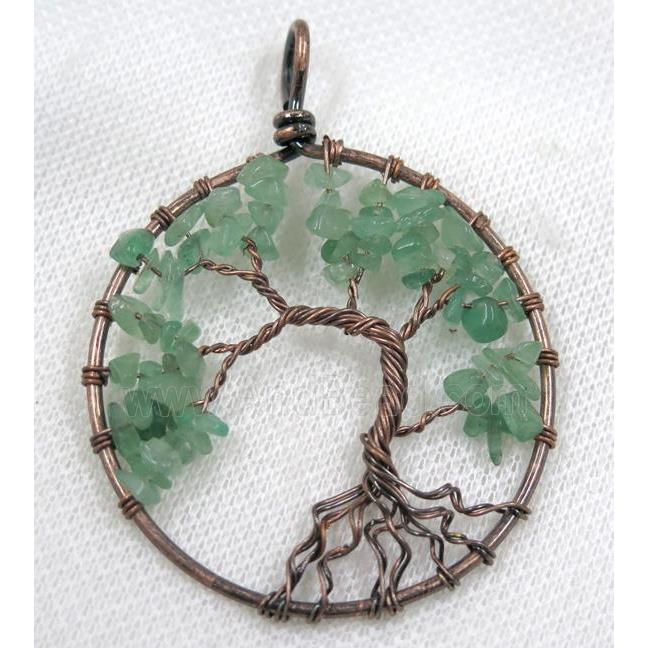 Green Aventurine Chips Pendant Tree Of Life Wire Wrapped Circle Antique Red