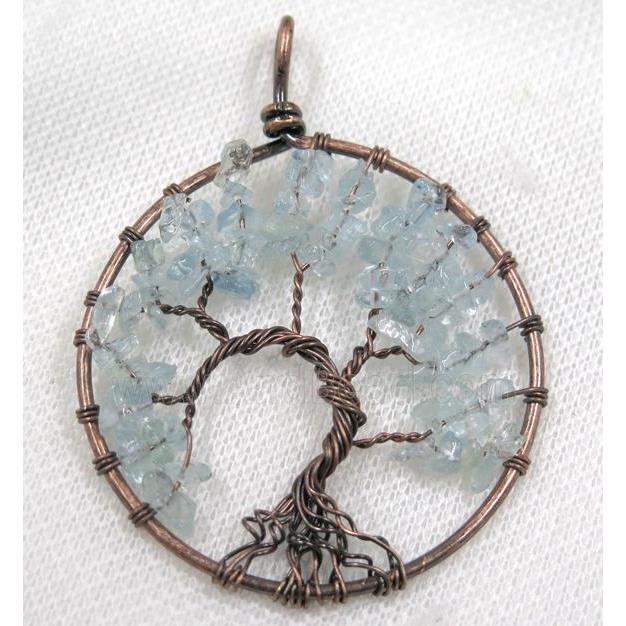 Aquamarine Chips Pendant Tree Of Life Wire Wrapped Circle Antique Red