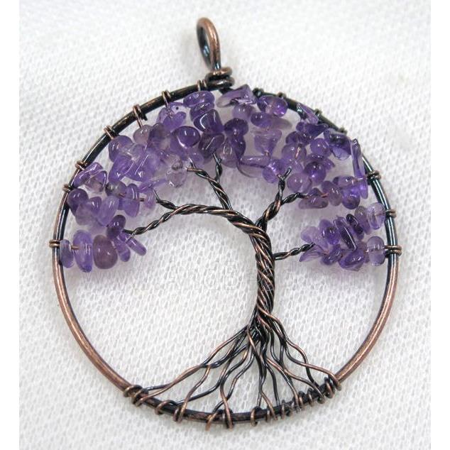 Purple Amethyst Chips Pendant Tree Of Life Wire Wrapped Circle Antique Red