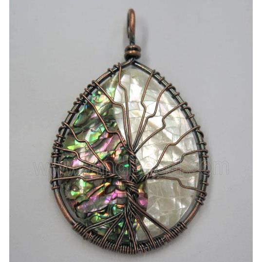 Tree of life Paua Abalone Shell pendant, teardrop, wire wrapped