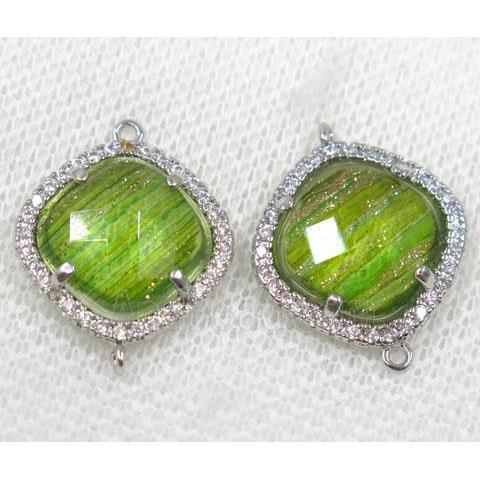 green crystal glass connector paved rhinestone, faceted square, platinum plated