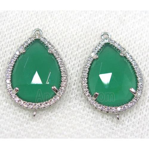 green crystal glass connector paved rhinestone, faceted teardrop, platinum plated