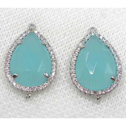 aqua crystal glass connector paved rhinestone, faceted teardrop, platinum plated