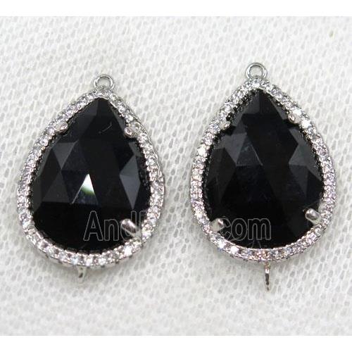 black crystal glass connector paved rhinestone, faceted teardrop, platinum plated