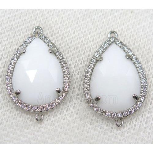 white crystal glass connector paved rhinestone, faceted teardrop, platinum plated