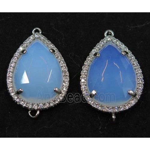 white crystal glass connector paved rhinestone, faceted teardrop, platinum plated