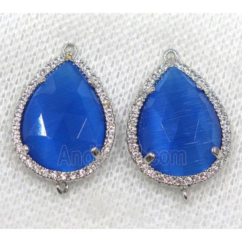 blue crystal glass connector paved rhinestone, faceted teardrop, platinum plated