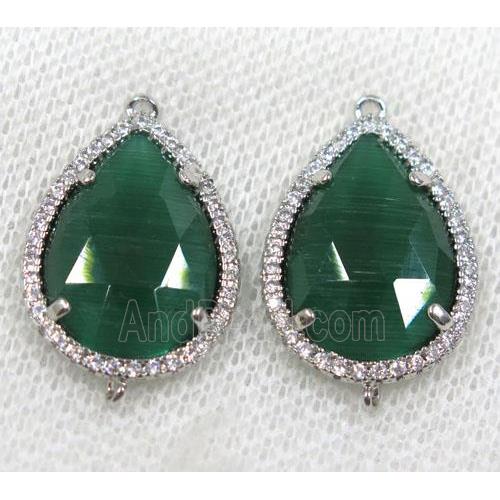 green crystal glass connector paved rhinestone, faceted teardrop, platinum plated