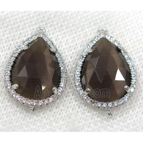 smoky crystal glass connector paved rhinestone, faceted teardrop, platinum plated