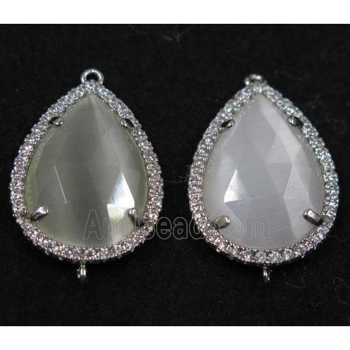 white crystal glass connector paved rhinestone, faceted teardrop, platinum plated