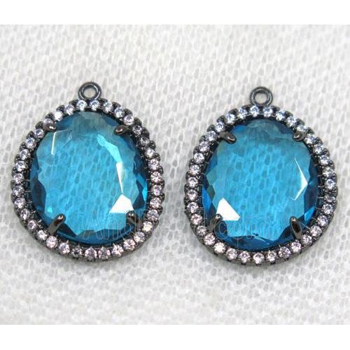 blue crystal glass pendant paved rhinestone, faceted teardrop, black plated