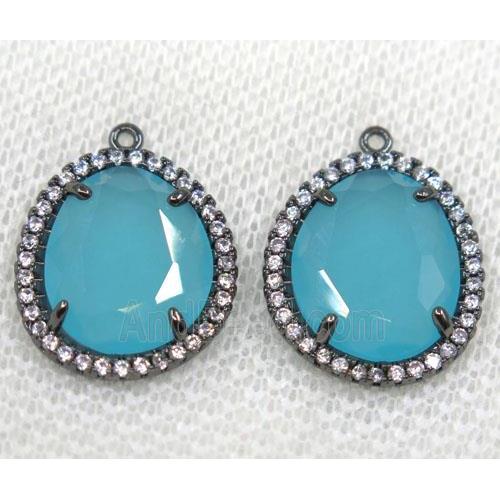 aqua crystal glass pendant paved rhinestone, faceted teardrop, black plated