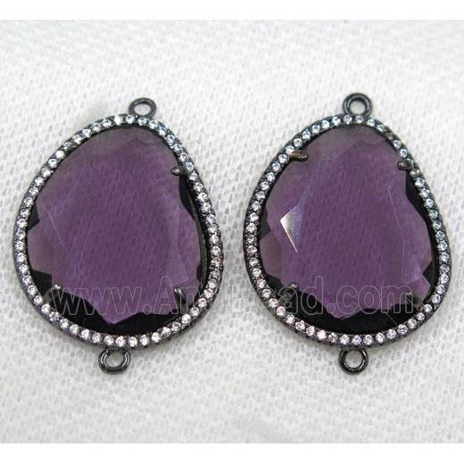 purple crystal glass connector paved rhinestone, faceted teardrop, black plated