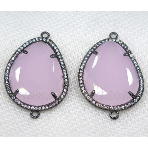 pink crystal glass connector paved rhinestone, faceted teardrop, black plated