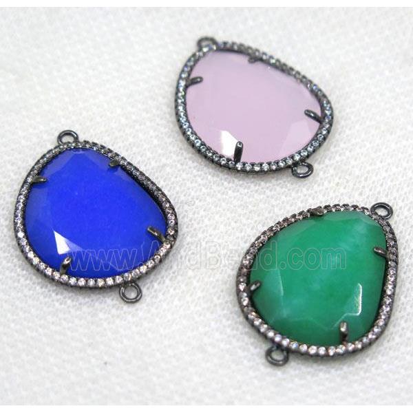 crystal glass connector paved rhinestone, mix color, faceted teardrop, black plated