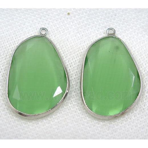 green crystal glass pendant, faceted teardrop, platinum plated