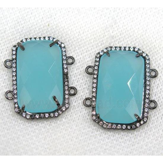 aqua crystal glass connector paved rhinestone, faceted rectangle, black plated