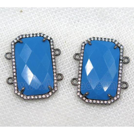 blue crystal glass connector paved rhinestone, faceted rectangle, black plated