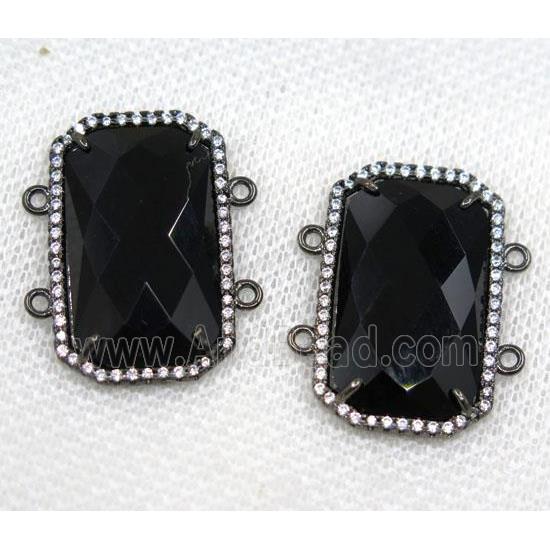 black crystal glass connector paved rhinestone, faceted rectangle, black plated