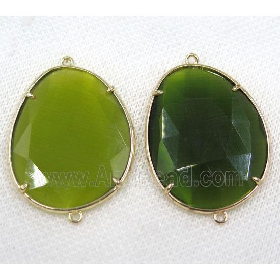 olive crystal glass connector, faceted teardrop, gold plated