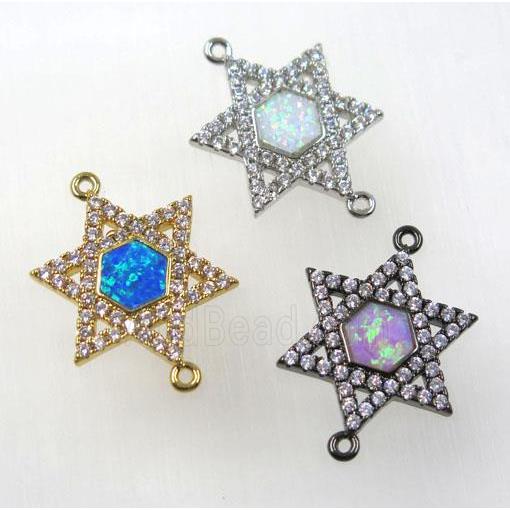 synthetic Fire Opal hexagram connector paved zircon, copper, mix color