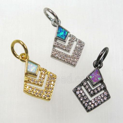 synthetic Fire Opal pendant paved zircon, copper, teardrop, mix color