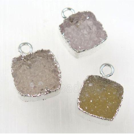 druzy agate pendant, natural color, square, silver plated