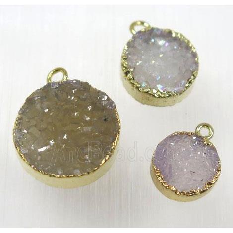 druzy agate pendant, natural color, flat round, gold plated