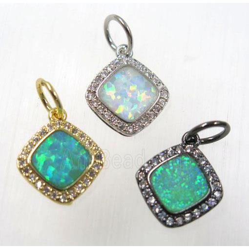synthetic Fire Opal pendant paved zircon, copper, square, mix color