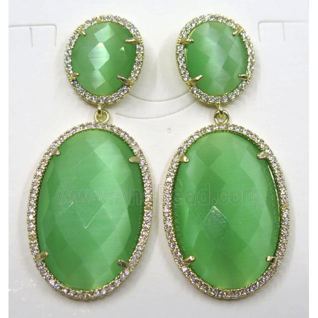 green cat eye stone earring pave zircon, gold plated