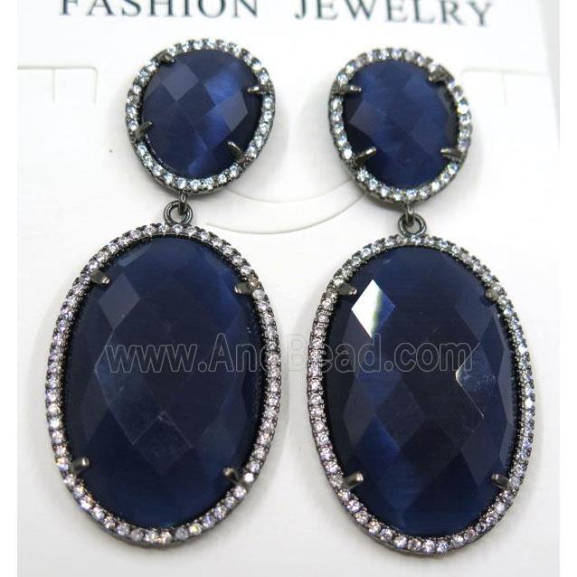 darkblue cat eye stone earring pave zircon