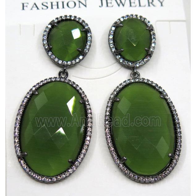 olive cat eye stone earring pave zircon