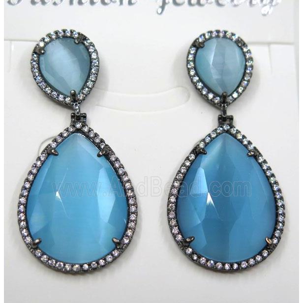 blue cat eye stone earring pave zircon, teardrop
