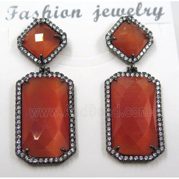 red cat eye stone earring pave zircon, rectangle